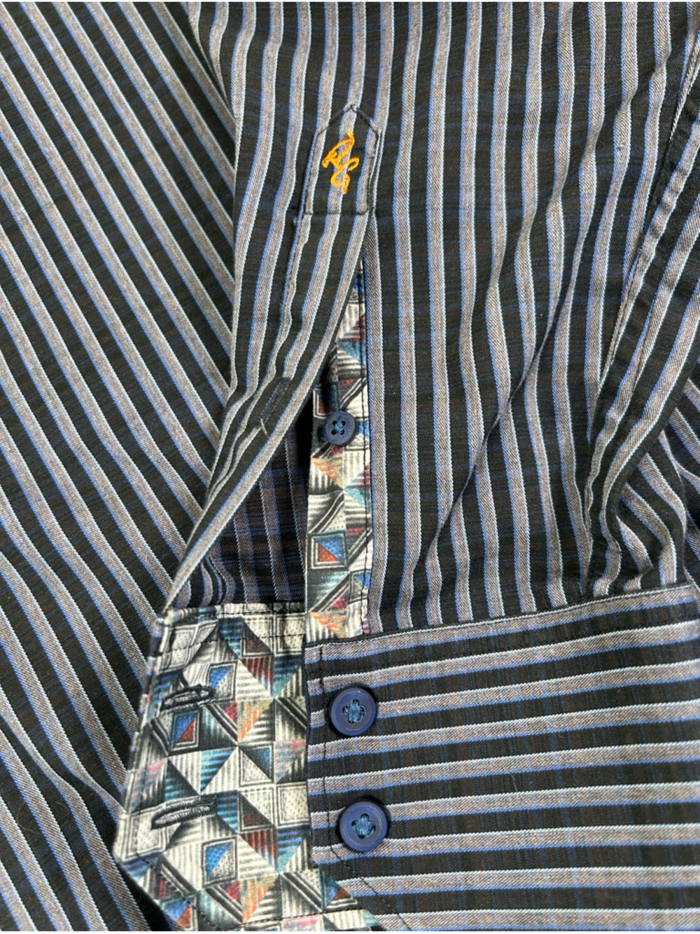 ROBERT GRAHAM Striped Button Down Geometric Flip Cuff Black Blue Gray Classic L - Picture 9 of 15